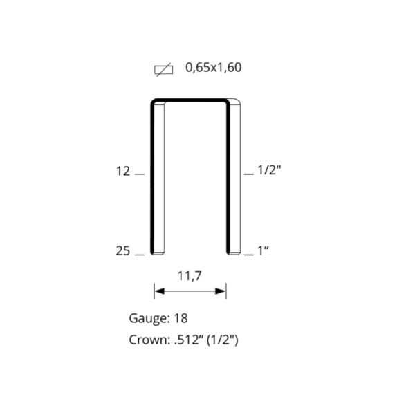 Diagramă tehnică a capselor metalice seria 110 pentru saltele, cu diametru de 0,65x1,60 mm, lățime a coroanei de 11,7 mm (1/2 inch), și lungimi variind de la 12 mm (1/2 inch) până la 25 mm (1 inch). Calibru 18, utilizate pentru fixarea sigură și durabilă în producția de saltele.