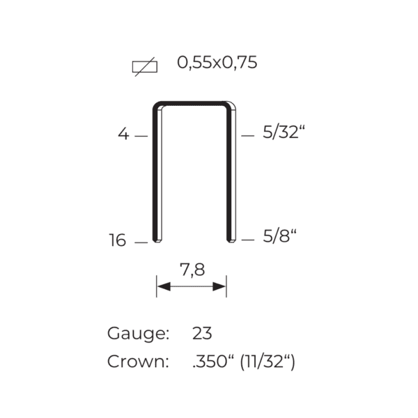 Schiță tehnică a capselor metalice seria 3G, cu un calibru de 23, o coroană de 7,8 mm (0,350 inch sau 11/32 inch) și lungimi de 4 mm (5/32 inch) și 16 mm (5/8 inch).