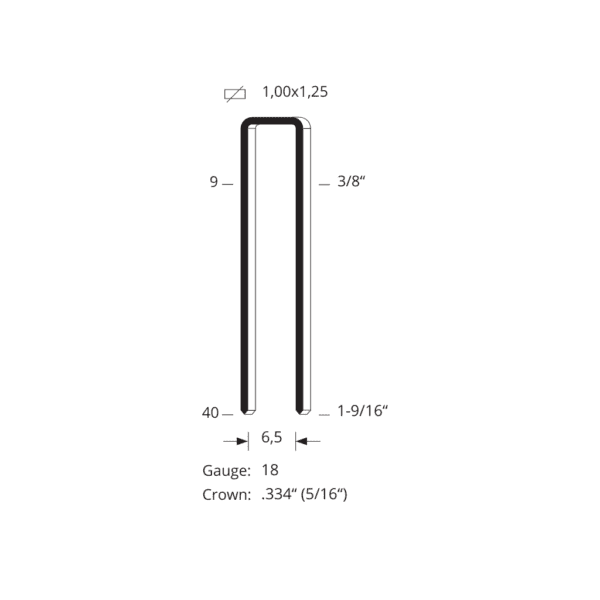 Diagramă tehnică a capselor metalice seria 92 pentru lucrări de tâmplărie, cu diametru de 1,00x1,25 mm, lățime a coroanei de 6,5 mm (0,334 inch), și lungimi variind de la 9 mm (3/8 inch) până la 40 mm (1-9/16 inch). Calibru 18, utilizate pentru fixarea sigură și durabilă a materialelor din lemn în diverse aplicații de tâmplărie.
