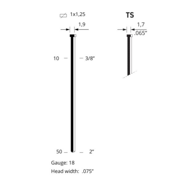 Schiță tehnică a unui mini cui tip brad 12, cu dimensiuni și specificații detaliate, inclusiv lungimea de 50 mm și diametrul de 1,9 mm.