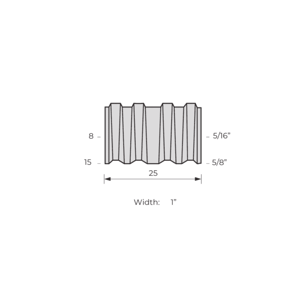 Schiță tehnică a capselor metalice ondulate seria CF, cu lățimea de 25 mm (1 inch) și lungimi de 8 mm (5/16 inch) și 15 mm (5/8 inch).