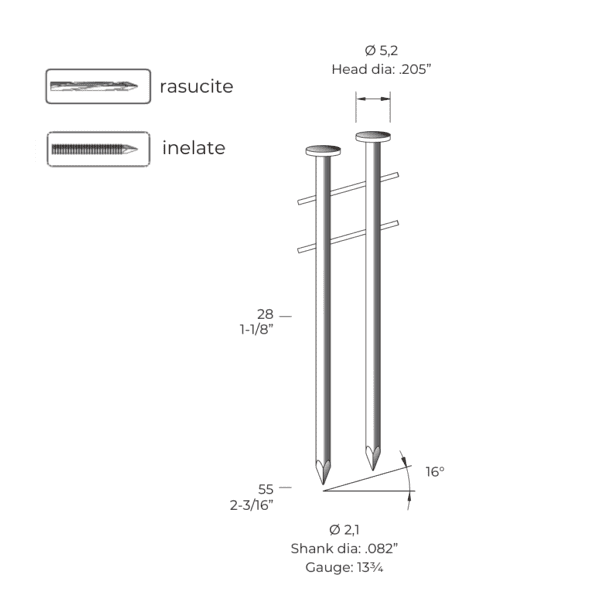 Specificatii tehnice ale cuielor seria CNW203, incluzând modele netede, răsucite și inelate, cu diametrul tijei de 2,1 mm și capului de 5,2 mm.