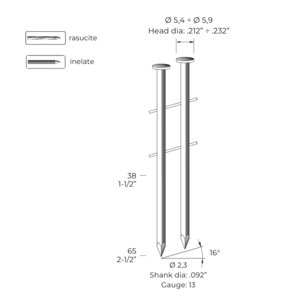 Specificațiile tehnice ale cuielor seria CNW23, incluzând modele netede, răsucite și inelate, cu diametrul tijei de 2,3 mm și capului de 5,4 mm până la 5,9 mm.