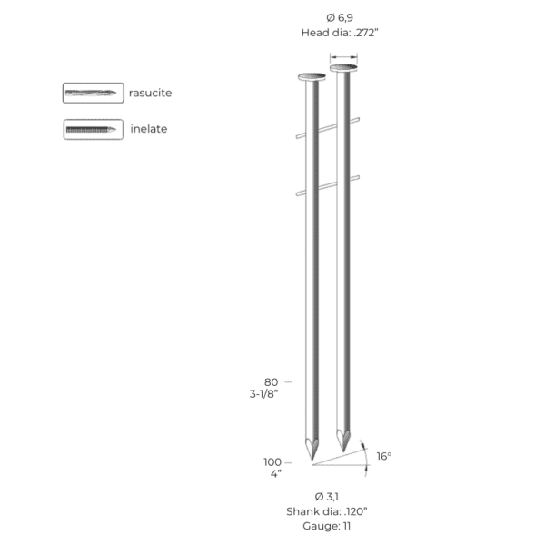 Specificațiile tehnice ale cuielor seria CNW31, disponibile în variante netede, răsucite și inelate, cu diametrul tijei de 3,1 mm și capului de 6,9 mm.