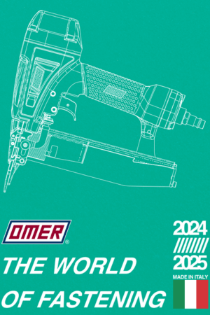 Coperta catalogului OMER cu un desen tehnic al unui capsator pneumatic și logo-ul OMER - Made in Italy