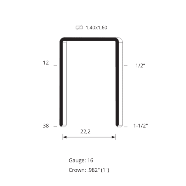 Diagramă tehnică a capselor metalice seria WS pentru lucrări de tâmplărie, cu diametru de 1,40x1,60 mm, lățime a coroanei de 22,2 mm (1 inch), și lungimi variind de la 12 mm (1/2 inch) până la 38 mm (1-1/2 inch). Calibru 16, utilizate pentru fixarea sigură și durabilă a materialelor din lemn în diverse aplicații de tâmplărie.