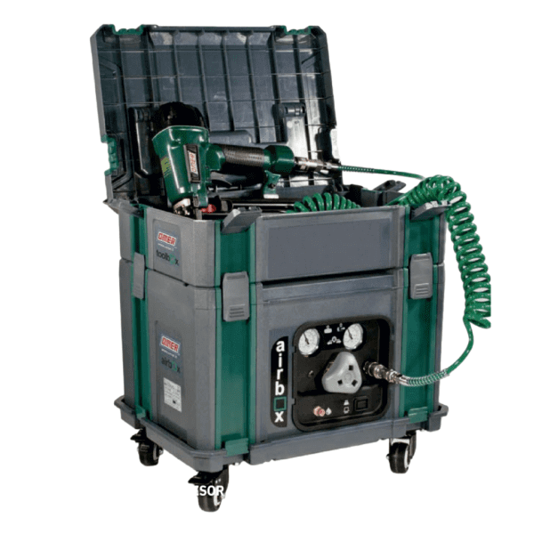 Mini compresor pneumatic portabil marca OMER, model Airbox, cu unelte incluse
