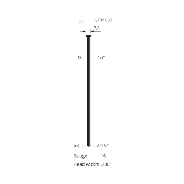 Schema tehnica a cuielor in banda cu cap Brads 14, grosimer 1.4x1.6mm